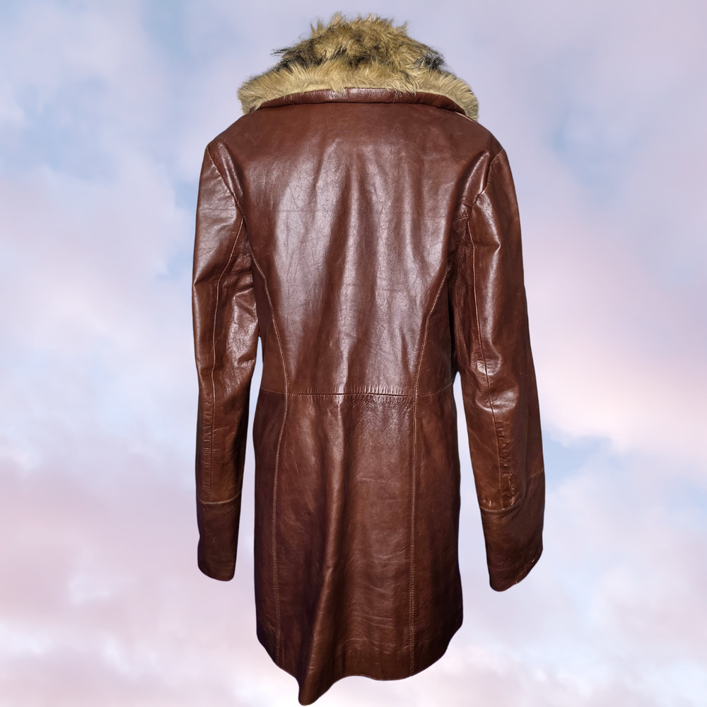 Vtg 90s Wilsons Leather Long Brown Faux Fur Collar Pennylane Trench Coat Sz L - Picture 5 of 9